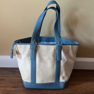 Coach B3K-8908 Tote Woven Straw Blue Leather Shoulder Bag